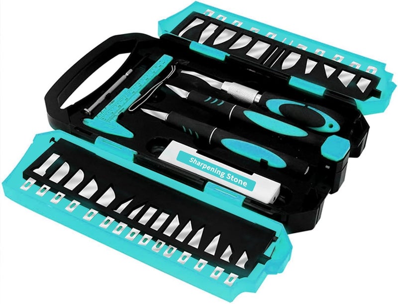 MANUFORE 34pcs Large Exacto Knife Set Blue Deluxe Craft Precision Knife Set Include 3pcs Craft Knives with Anti-Slip Rubber Grip, 25pcs Different Blades, 2pcs Needles, Sharpening Stone, Screwdriver - Image 2